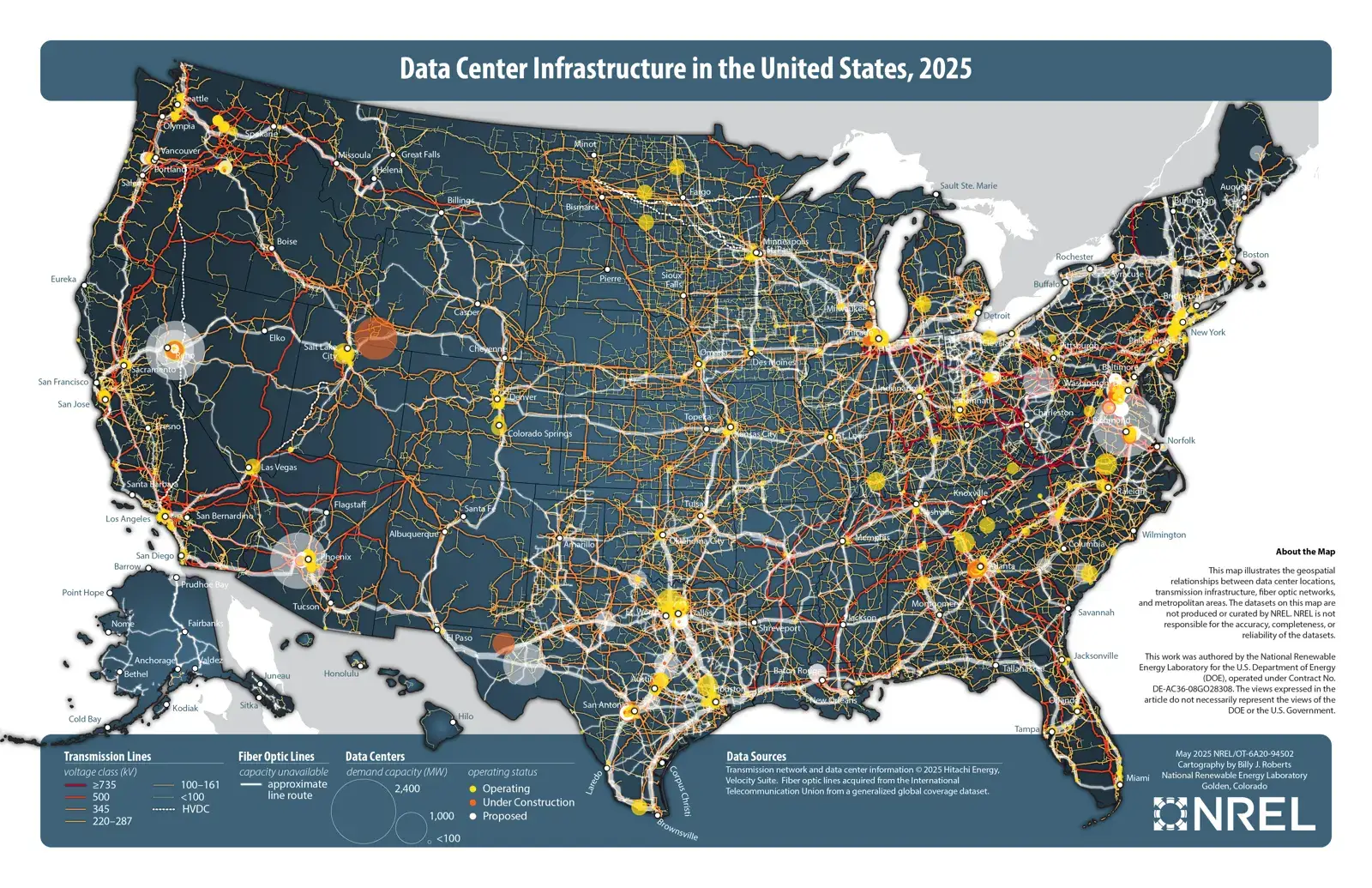 Map of data center infrastructure across the United States in 2025, with operating and planned sites shown as glowing circles over fiber and transmission lines