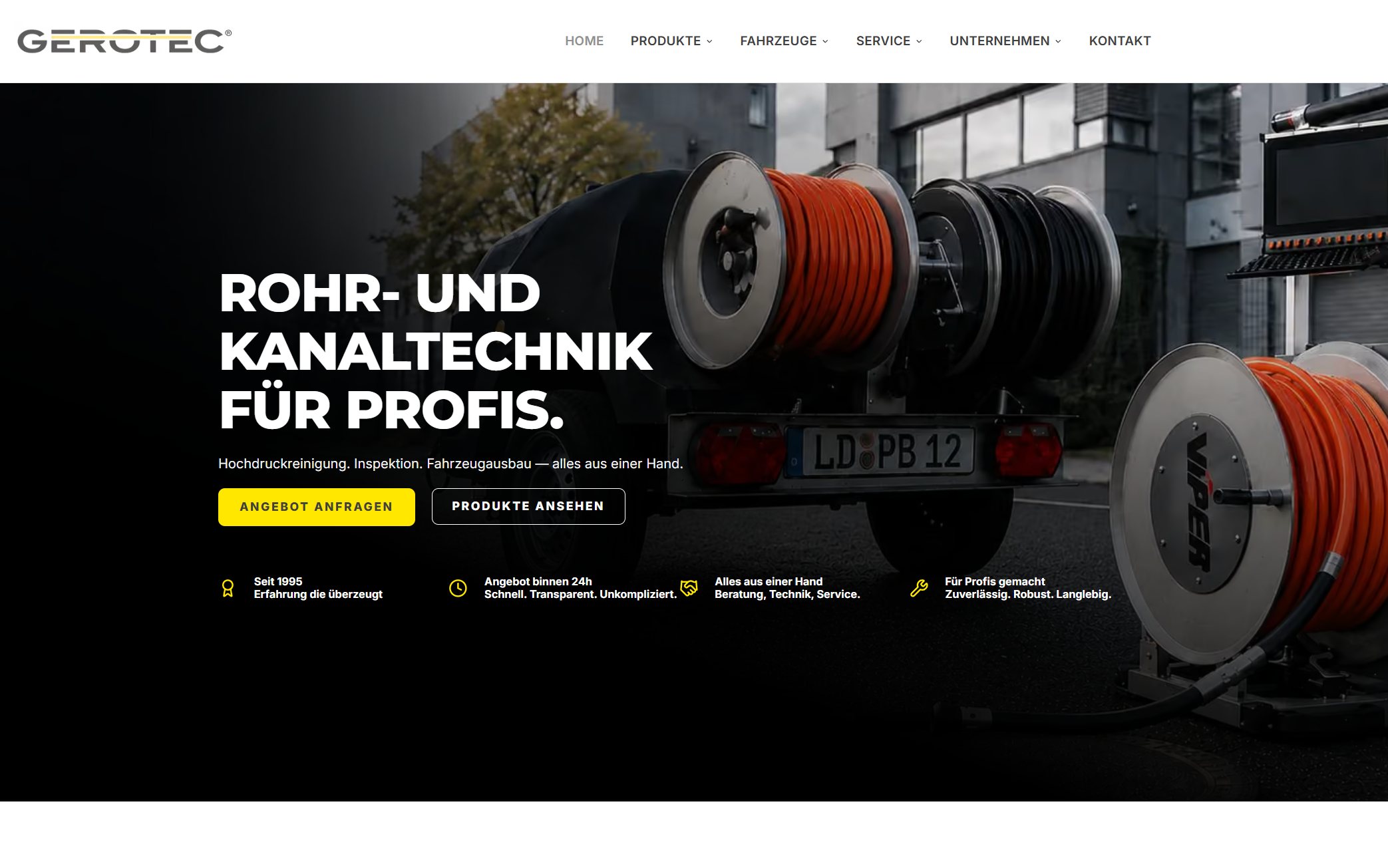 Gerotec headless Next.js demo homepage with yellow CTAs over a hose-reel hero
