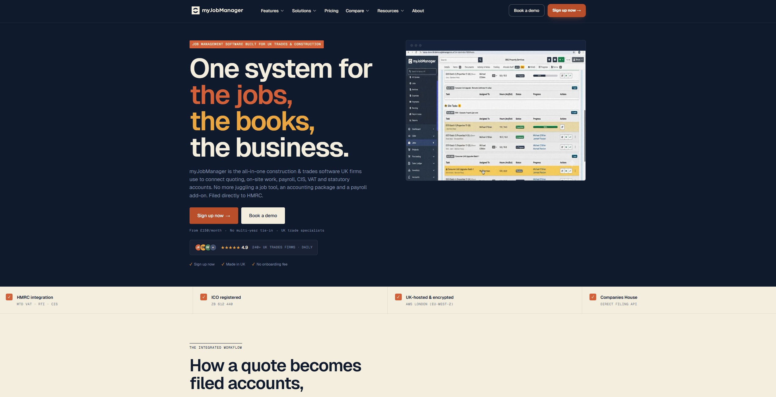 myJobManager: Marketing site for UK construction and trades software, built so the SEO team can publish homepage, feature, comparison, and article pages themselves